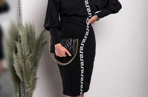 Elegant midi dress with geometric print, black