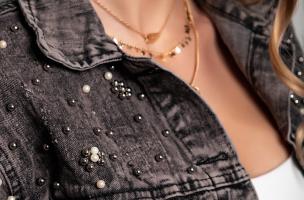 Denim jacket with rips and beads Limoncina, black