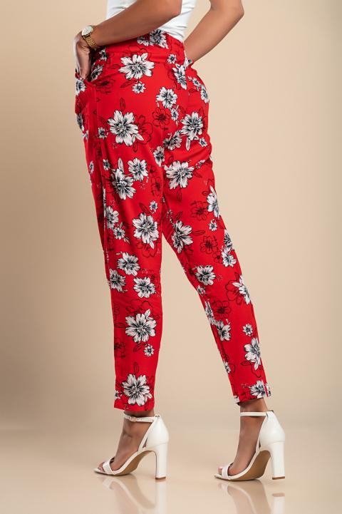Long cotton trousers with floral print, red