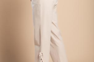 Elegant cotton trousers with lace, beige