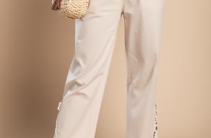 Elegant cotton trousers with lace, beige